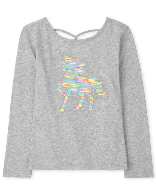 Girls Long Sleeve Flip Sequin Graphic Cut Out Top - GRAY