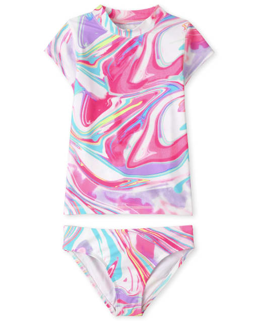 Girls Short Sleeve Rainbow Marble Print Rashguard Swimsuit PINK The Children s Place