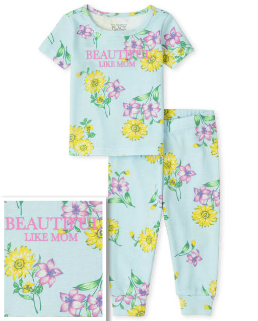 Baby And Toddler Girls Short Sleeve 'Beautiful Like Mom' Floral Snug Fit  Cotton Pajamas | The Children's Place - ARCHERY BLUE NEON