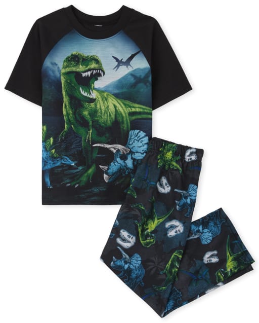 Pijama de dinosaurio de manga raglán corta para niños - BLACK