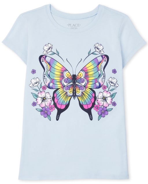 Girls Short Sleeve Rainbow Butterfly Graphic Tee - BLUE