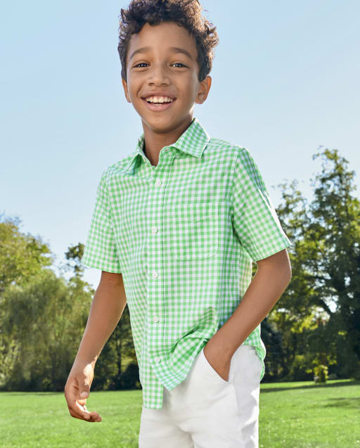 Boys Short Sleeve Gingham Poplin Button Up Shirt - GREEN Boys Short Sleeve Gingham Poplin Button Up Shirt - GREEN