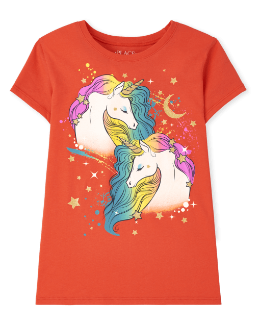 Toddler Girl Graphic Unicorn and Rainbow and Heart Print Ruffled Short-sleeve Tee