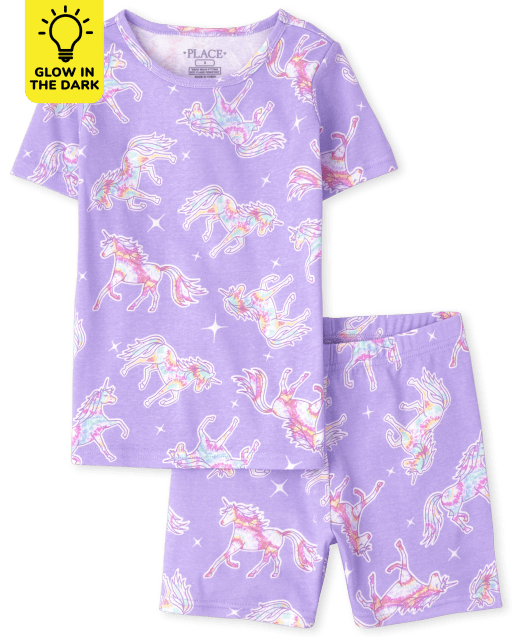 de algodón de manga corta que brilla la oscuridad con unicornio teñido anudado para niñas | The Children's Place LACROSSE VIOLET NEON