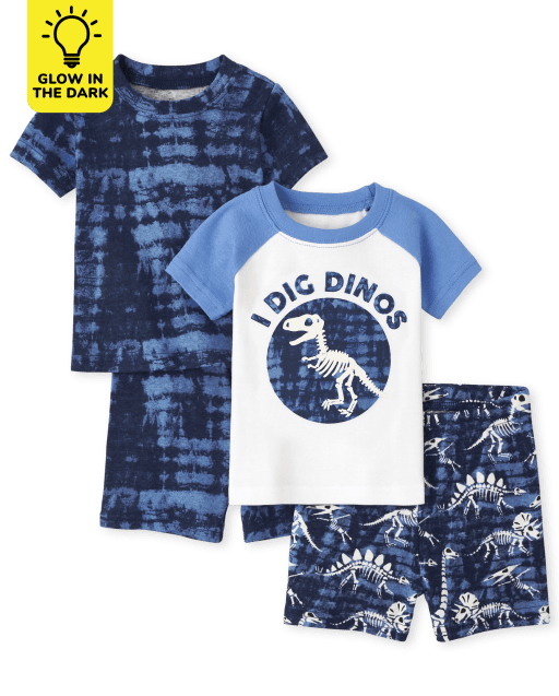 Boys Glow In The Dark Long Sleeve Dino and Ninja Snug Fit Cotton Pajamas  2-Pack