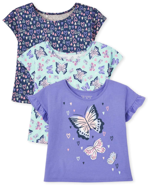 Toddler Girls Short Sleeve Butterfly Print Top 3-Pack