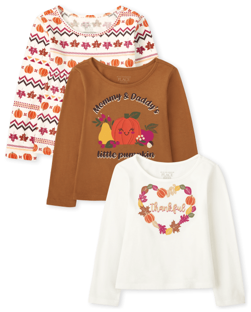 Toddler Girls Long Place The Sleeve 3-Pack Fall Graphic Children\'s SNOW Top | 