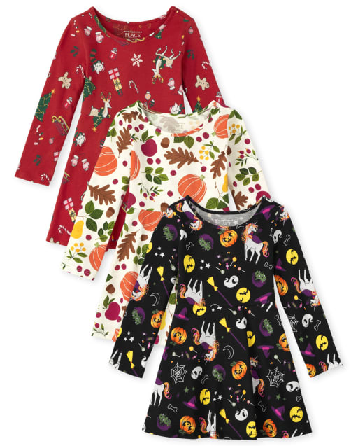 Toddler Girls Long Sleeve Holiday Print Knit Skater Dress 3Pack The