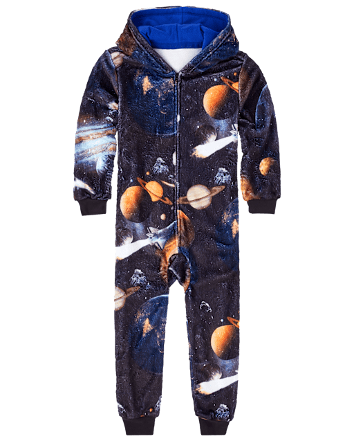 Boys Long Sleeve Space Fleece Hooded One Piece Pajamas The Children's