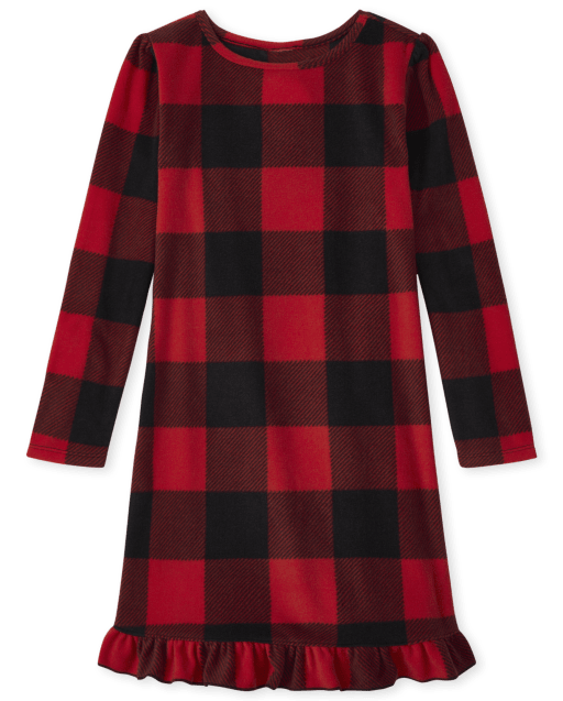 Girls Matching Family Christmas Long Sleeve Buffalo Plaid Fleece Ruffle Nightgown RED The Children s Place CA