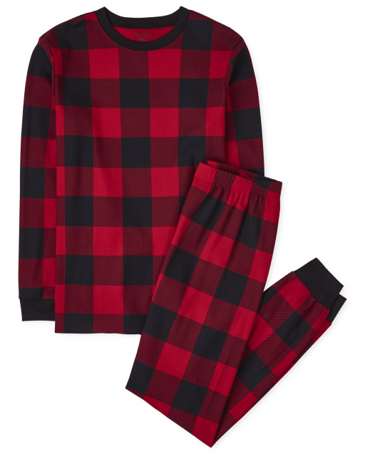 Unisex Adult Matching Family Christmas Long Sleeve Thermal Buffalo Plaid  Cotton Pajamas