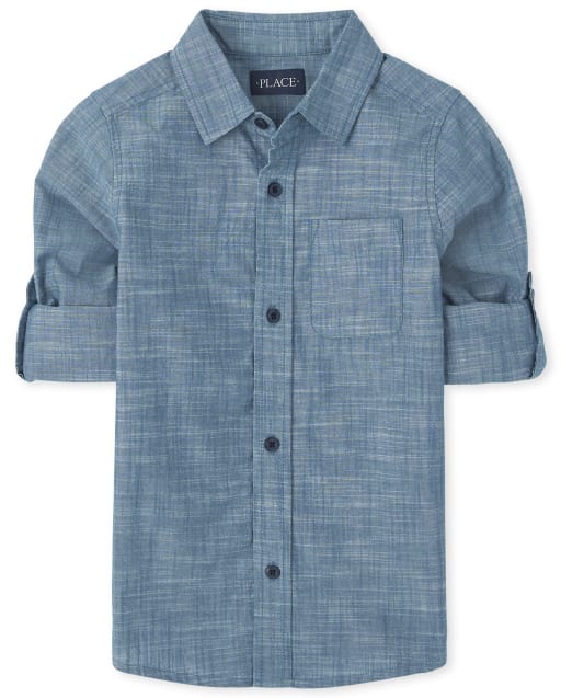 Boys Long Sleeve Chambray Button Up Shirt - GREEN | The Children's Place