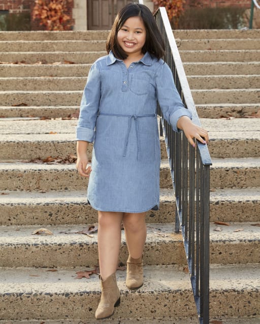 Baby Girl 95% Cotton Button Front Solid Denim Flutter-sleeve Dress Only  د.ب.‏ 6.35 بات بات Mobile