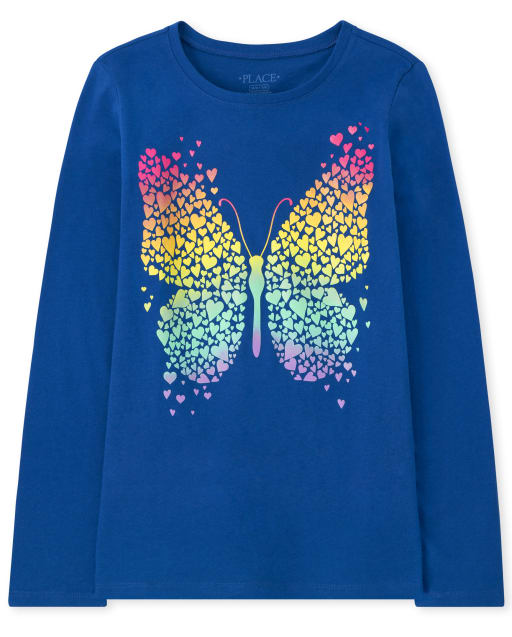Girls Long Sleeve Rainbow Butterfly Graphic Tee - BLUE | The