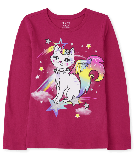 Girls Long Sleeve Rainbow Cat Graphic Tee - PINK | The Children's