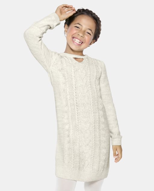 Girls Long Sleeve Cable Knit Cut Out Sweater Dress