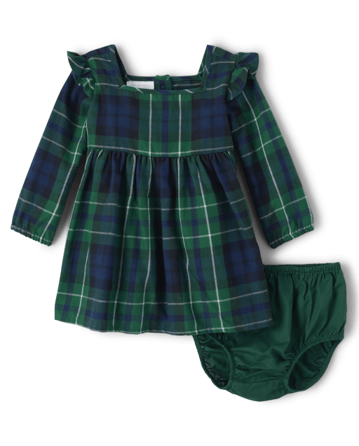 Baby Girls Christmas Long Sleeve Plaid Ruffle Dress And Bloomers Set