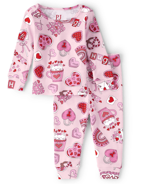 Baby And Toddler Girls Long Sleeve Valentine's Day Doodle Snug Fit Cotton  Pajamas