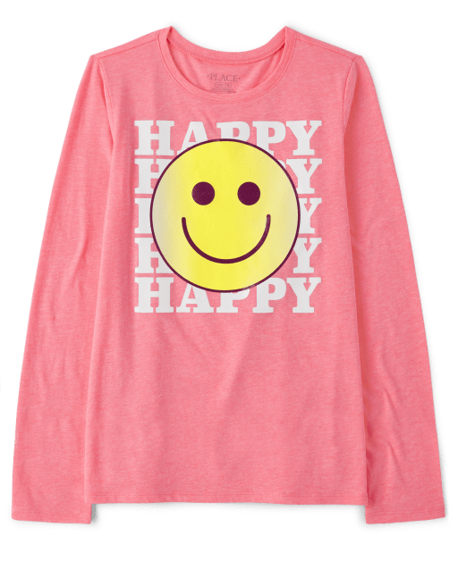 Girls Long Sleeve Happy Face Graphic Tee - PINK | The