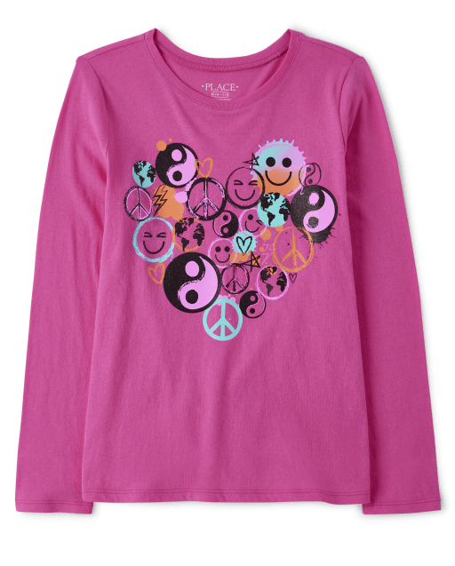 Girls Long Sleeve Icon Heart Graphic Tee - PINK | The