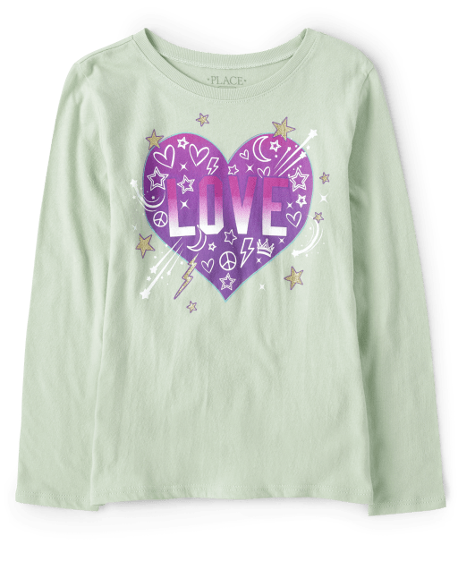 Girls Long Sleeve Love Heart Graphic Tee | The Children's Place - MINT CHIP