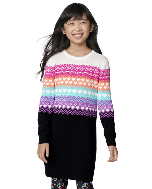 Girls Long Sleeve Rainbow Heart Fairisle Sweater Dress The