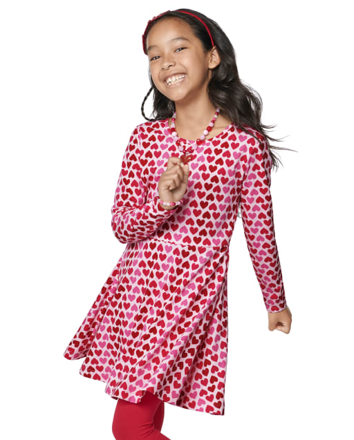 Girls Valentine s Day Long Sleeve Heart Print Knit Skater Dress WHISPERPNK The Children s Place CA