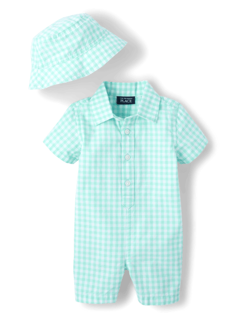 Baby Boys Dad And Me Short Sleeve Gingham Poplin Romper And Bucket Hat