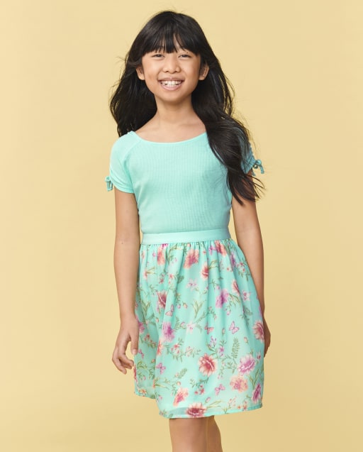 Girls Short Sleeve Floral Knit To Woven Dress MELLOW AQUA The Children s Place CA