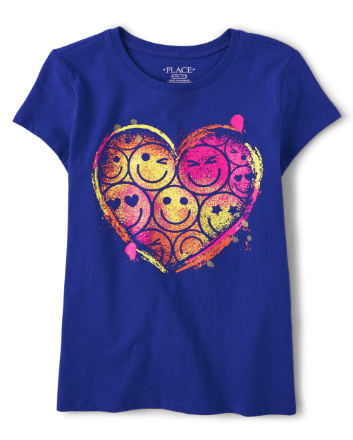 Girls Short Sleeve Happy Face Heart Graphic Tee - BLUE | The