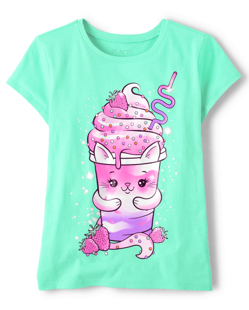 Girls Short Sleeve Cat Milkshake Graphic Tee - GREEN | The