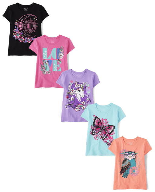 Short The Tee Children\'s | CLR MULTI Place Sleeve Love - Girls 5-Pack Animal Graphic