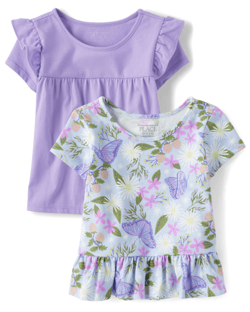 Toddler Girls Short Flutter Sleeve And Butterfly Print Peplum Top