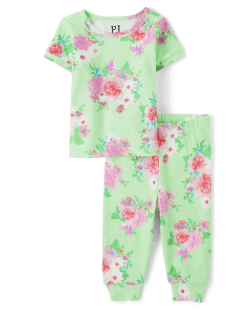 Baby And Toddler Girls Short Sleeve Floral Print Snug Fit Cotton