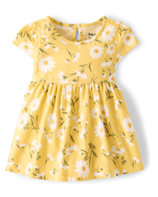 Baby Girls Short Sleeve Daisy Print Knit Bodysuit Dress SUNSET GOLD