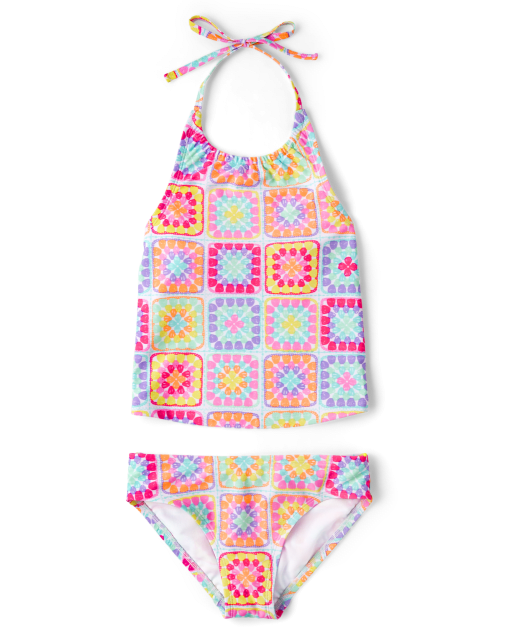 Girls Sleeveless Crochet Print Halter Tankini Swimsuit