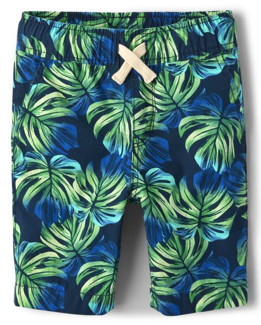Boys Tropical Leaf Print Woven Pull On Jogger Shorts - BLUE
