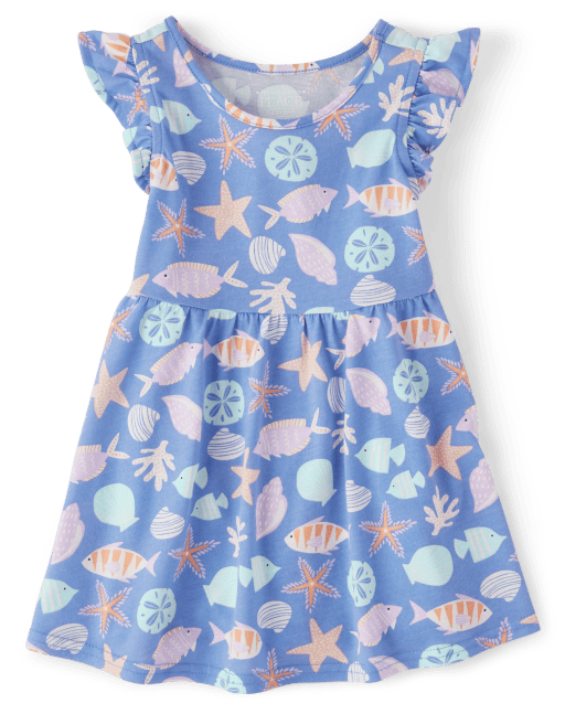 Vtido Babydoll De Punto Con Tampado De Pec Y Manga Corta Acampanada Para Bebés Y Niñas Pequeñas - BLUE | The Children's Place, , large