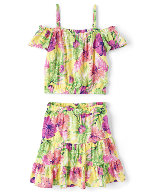 Girls Short Sleeve Tropical Print 2-Piece Outfit Set
