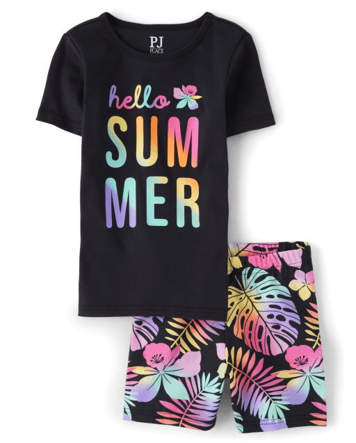 Girls Short Sleeve 'Hello Summer' Snug Fit Cotton Pajamas BLACK