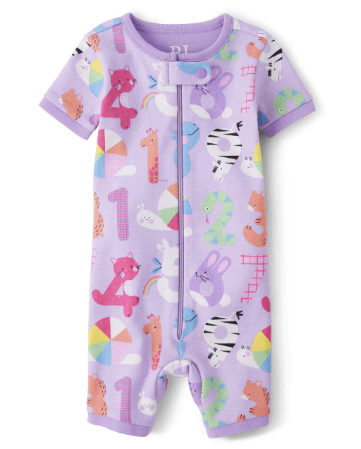 Baby And Toddler Girls Short Sleeve Numbers Print Snug Fit Cotton One Piece Pajamas PURPLE The Children s Place