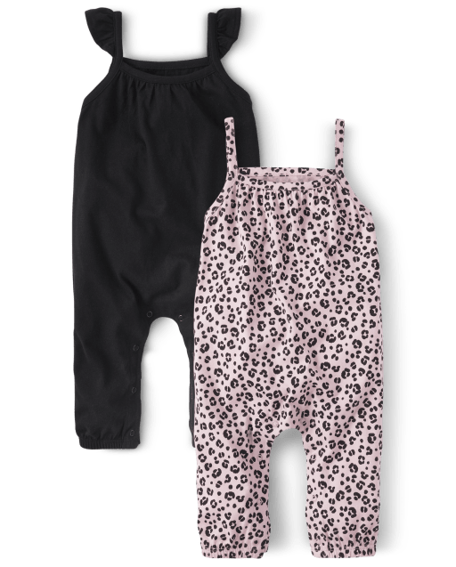 Baby Girls Short Flutter Sleeve Leopard Print And Knit Romper 2Pack