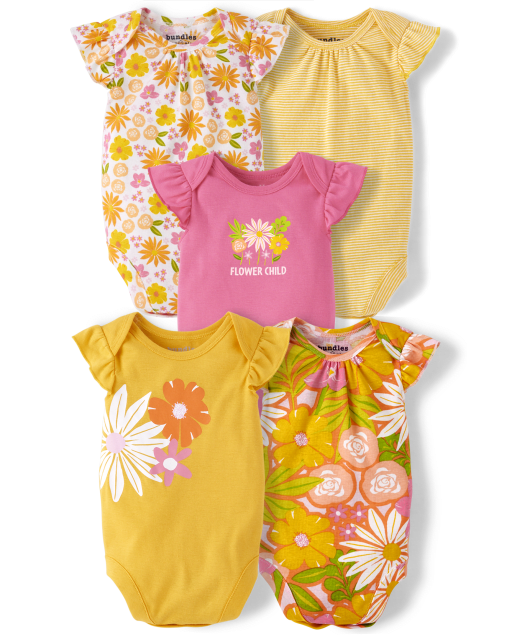 Baby Girls Short Flutter Sleeve Floral Bodysuit 5-Pack