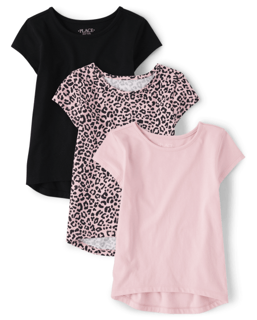 Girls Short Sleeve Leopard Print Basic Layering Tee 3-Pack - PINK