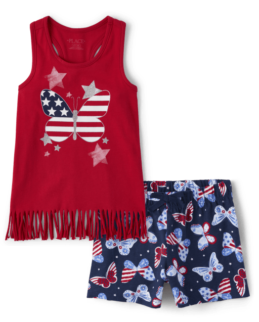 Girls Mix And Match Sleeveless Americana Butterfly Tank Top And Knit ...