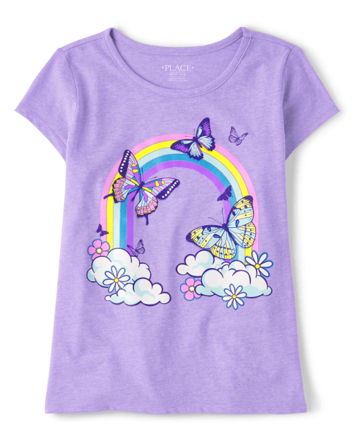 Girls Short Sleeve Rainbow Butterfly Graphic Tee - PURPLE