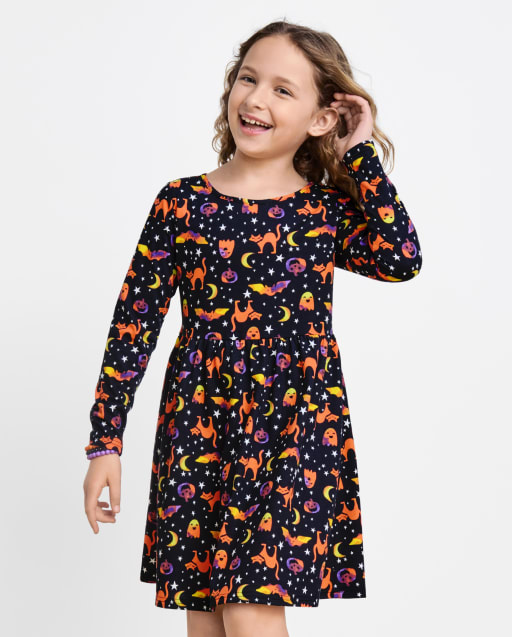 Girls Long Sleeve Halloween Print Knit Everyday Dress BLACK The Children s Place CA