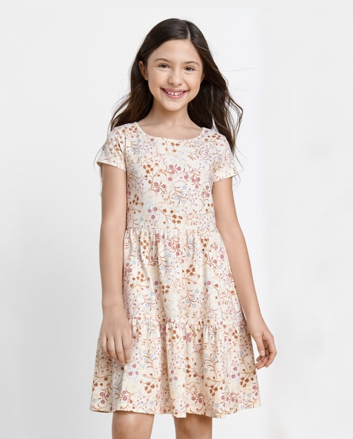 Girls Mix And Match Short Sleeve Floral Print Knit Tiered Dress