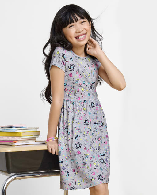 Girls Mix And Match Science Doodle Print Knit Everyday Dress