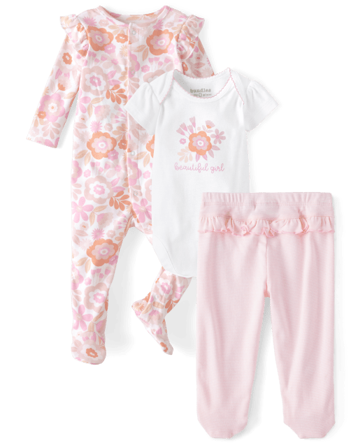 Newborn Sweet Travel Print 3-Piece Mid Season Cotton Set – Cream